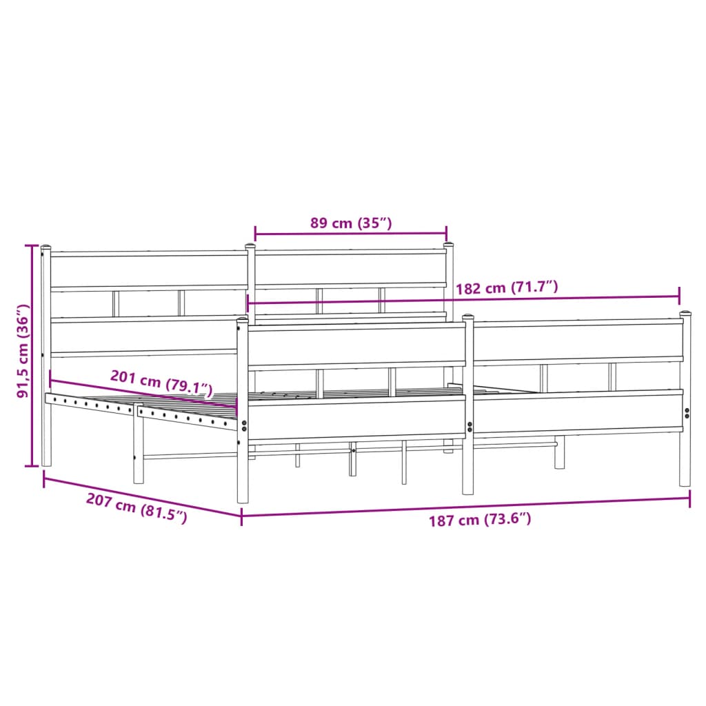 Metal Bed Frame without Mattress Smoked Oak 180x200 cm Super King