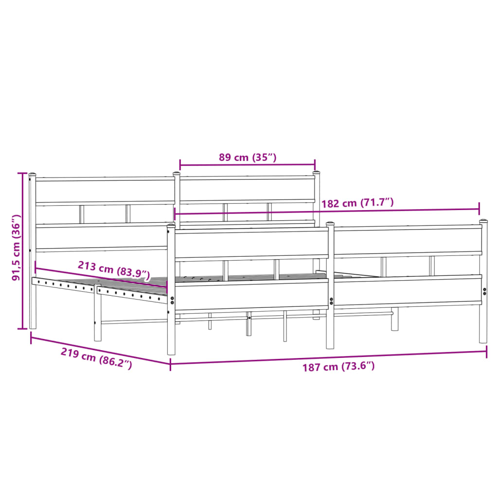 Metal Bed Frame without Mattress Smoked Oak 183x213 cm