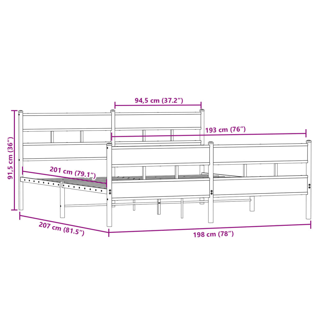 Metal Bed Frame without Mattress Smoked Oak 193x203 cm