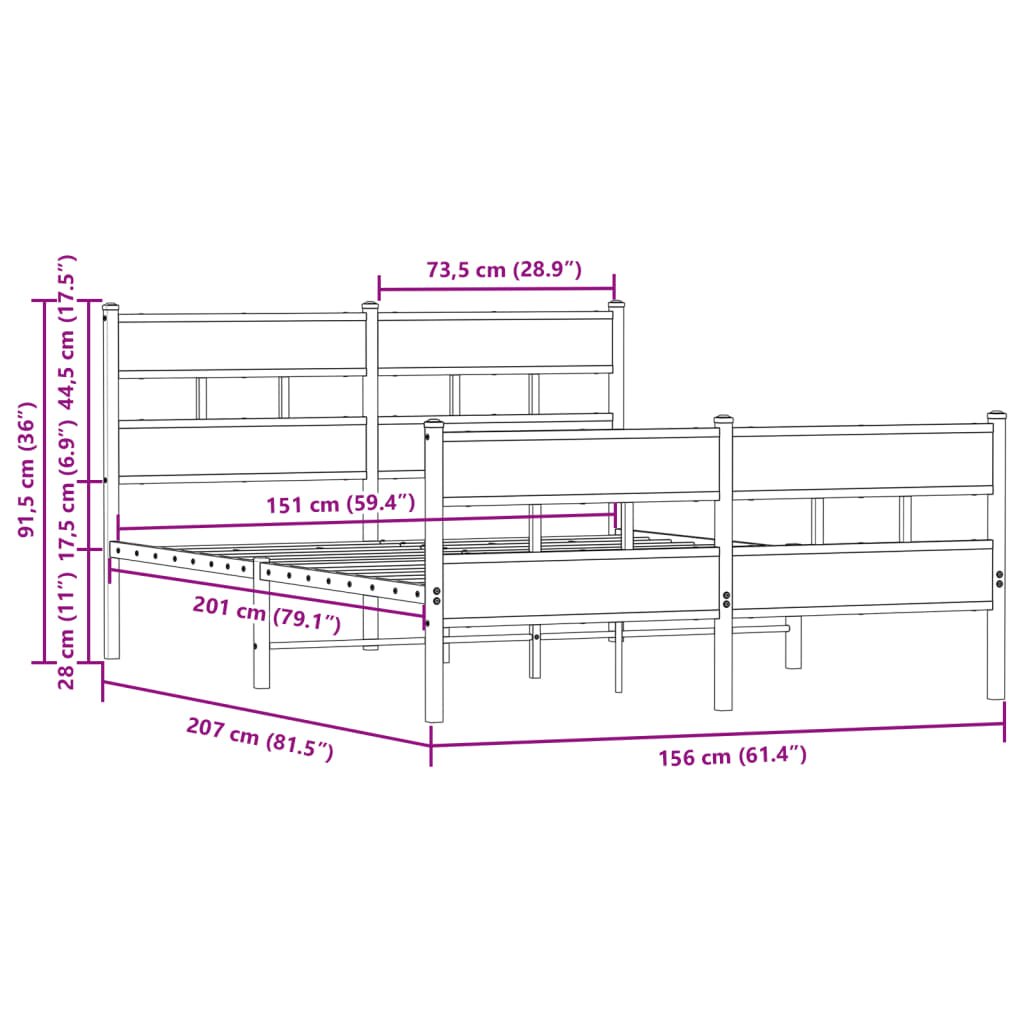 Metal Bed Frame without Mattress Brown Oak 150x200 cm King Size