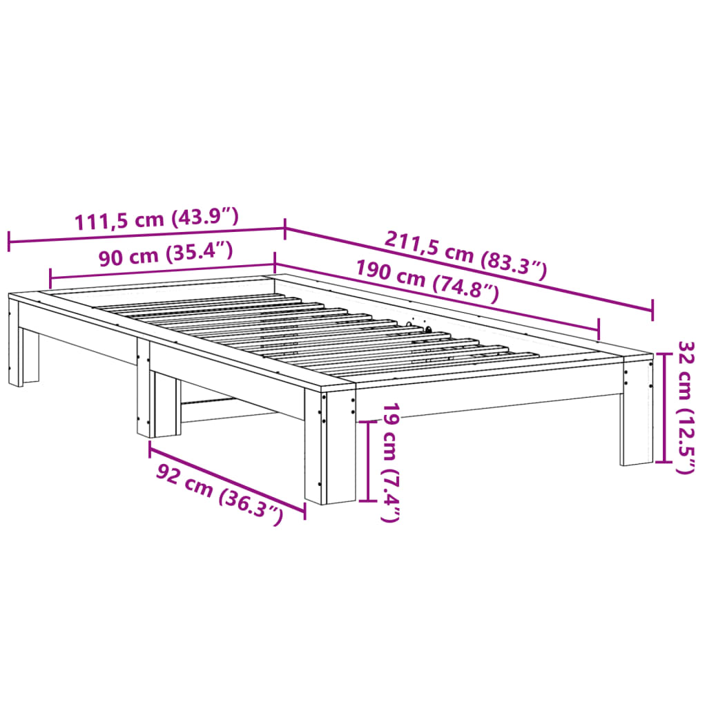 Bed Frame without Mattress Wax Brown 90x190 cm Single Solid Wood Pine