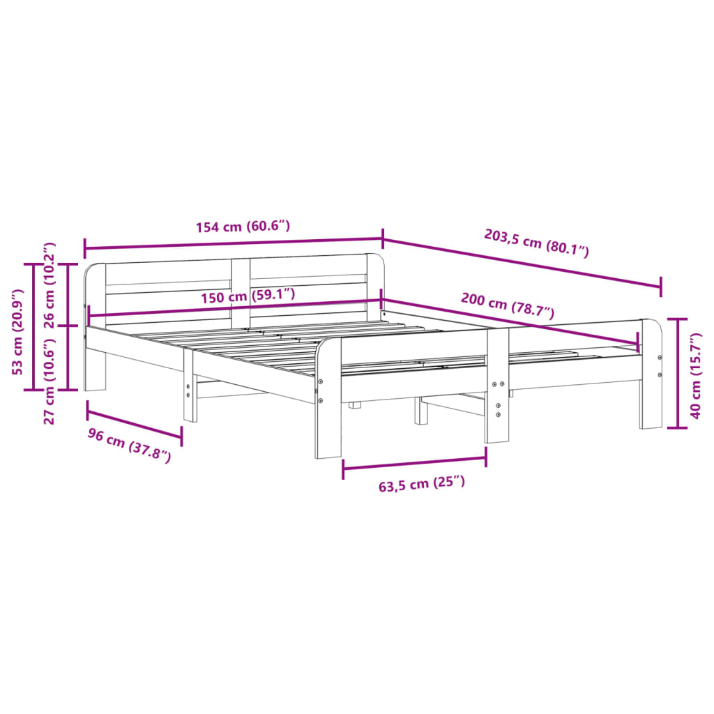 Bed Frame without Mattress 150x200 cm King Size Solid Wood Pine