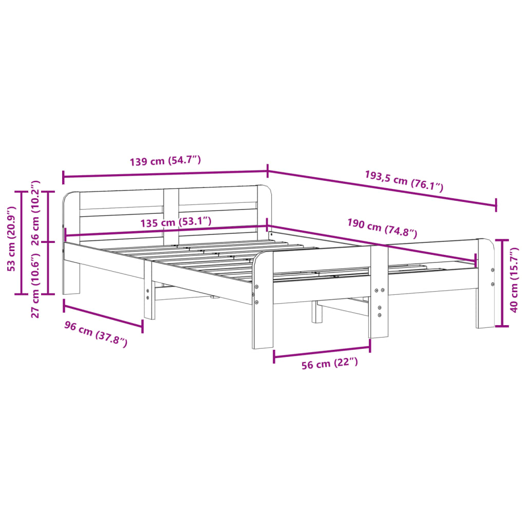 Bed Frame without Mattress Wax Brown 135x190 cm Double Solid Wood Pine