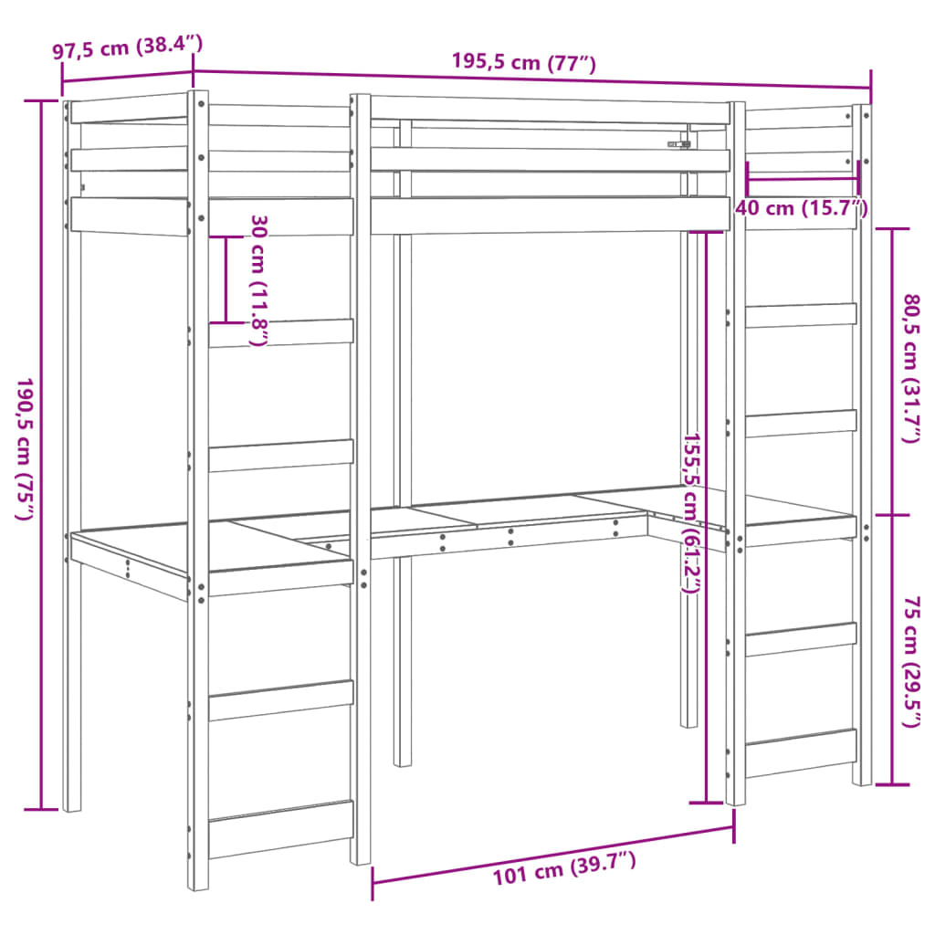 Loft Bed Frame with Desk Wax Brown 90x190 cm Solid Wood Pine