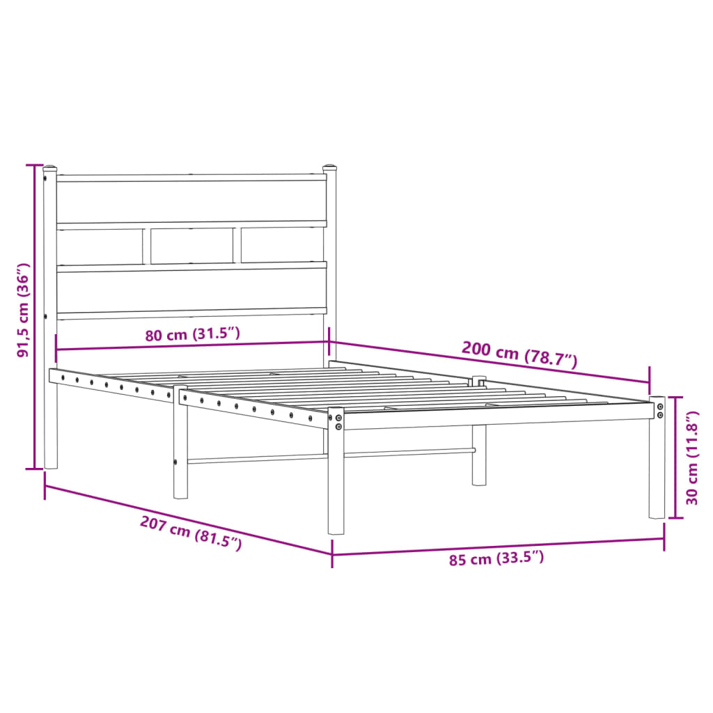 Metal Bed Frame without Mattress Smoked Oak 80x200 cm