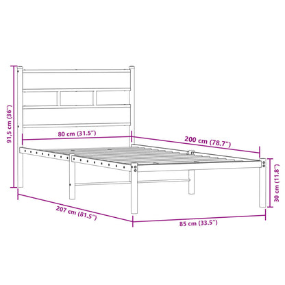 Metal Bed Frame without Mattress Smoked Oak 80x200 cm