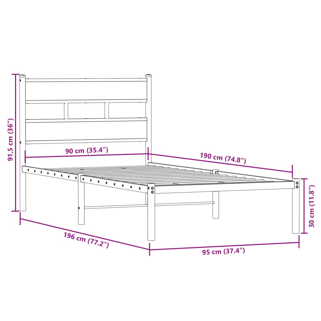 Metal Bed Frame without Mattress Smoked Oak 90x190 cm Single