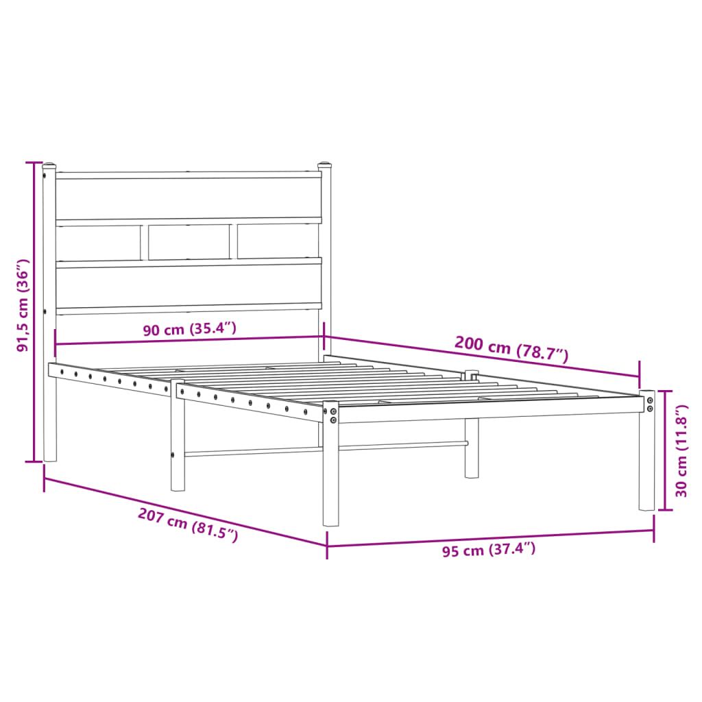 Metal Bed Frame without Mattress Smoked Oak 90x200 cm