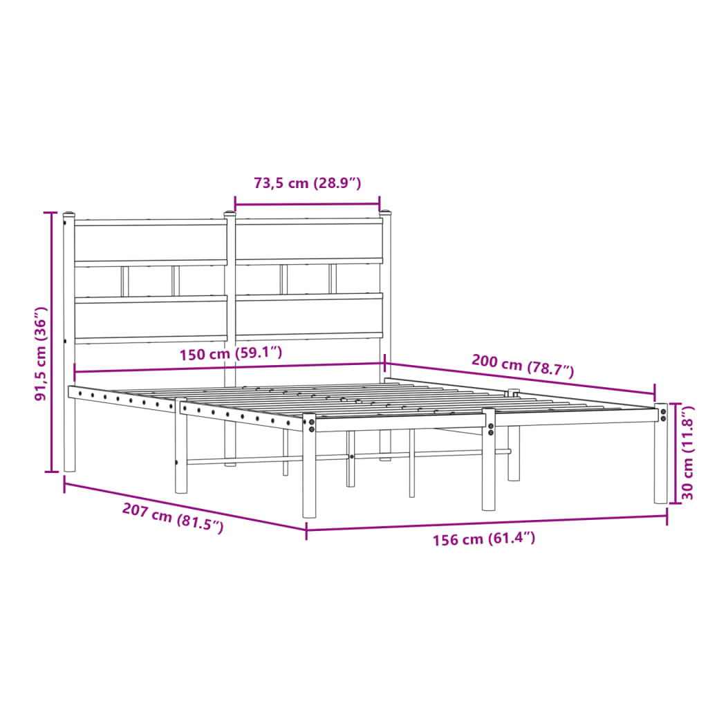 Metal Bed Frame without Mattress Smoked Oak 150x200 cm King Size