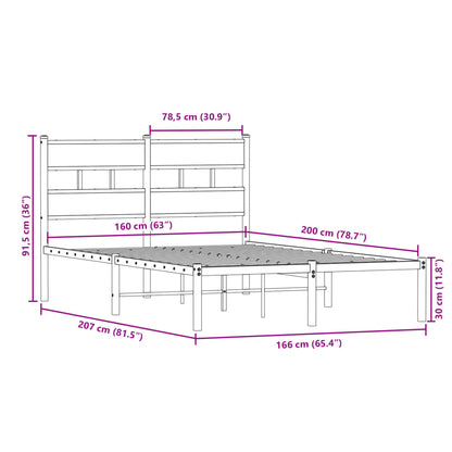 Metal Bed Frame without Mattress Smoked Oak 160x200 cm