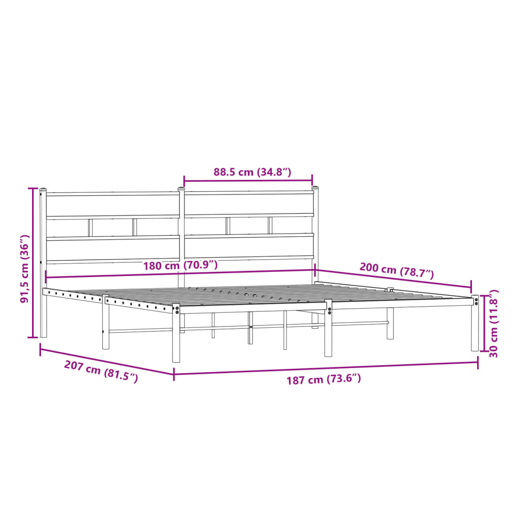 Metal Bed Frame without Mattress Smoked Oak 180x200 cm Super King