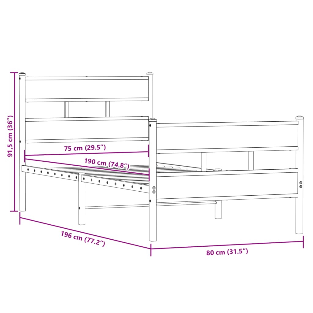 Metal Bed Frame without Mattress Smoked Oak 75x190 cm Small Single