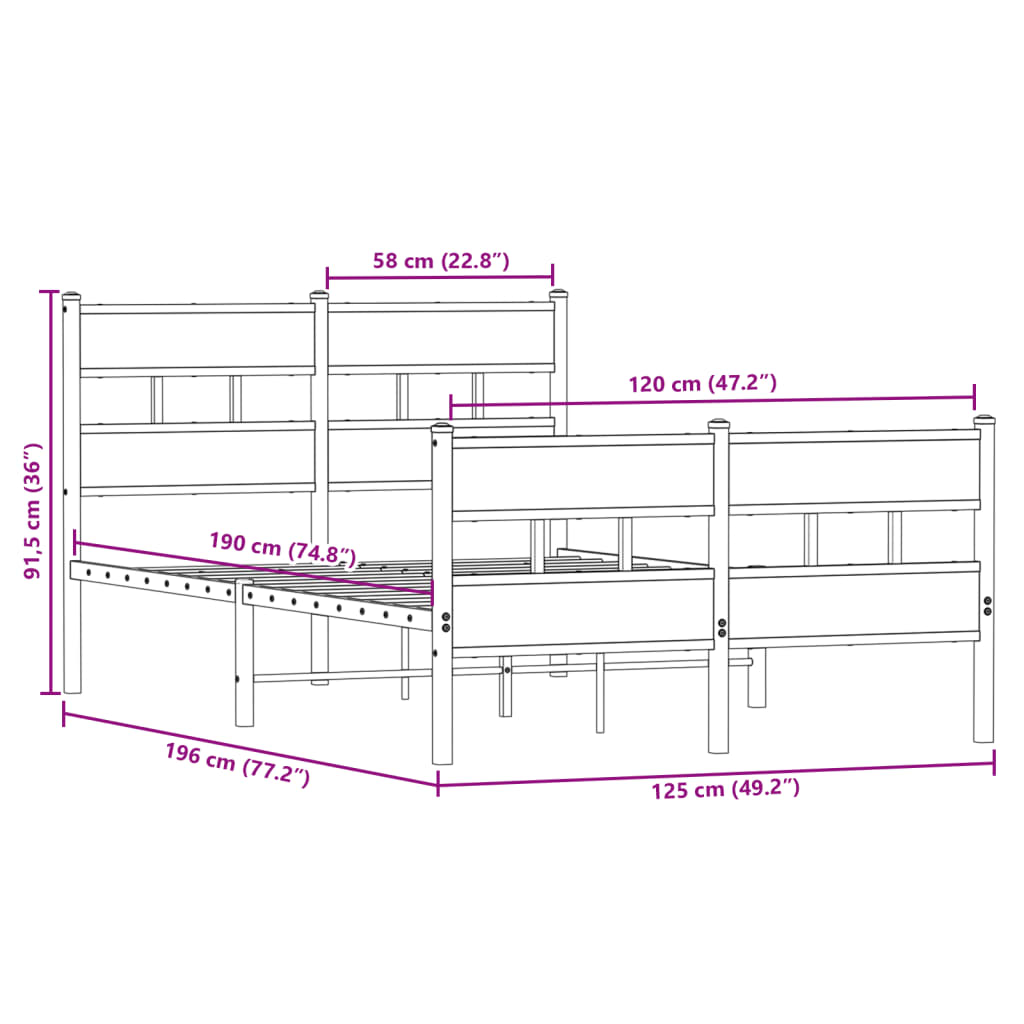 Metal Bed Frame without Mattress Smoked Oak 120x190 cm Small Double