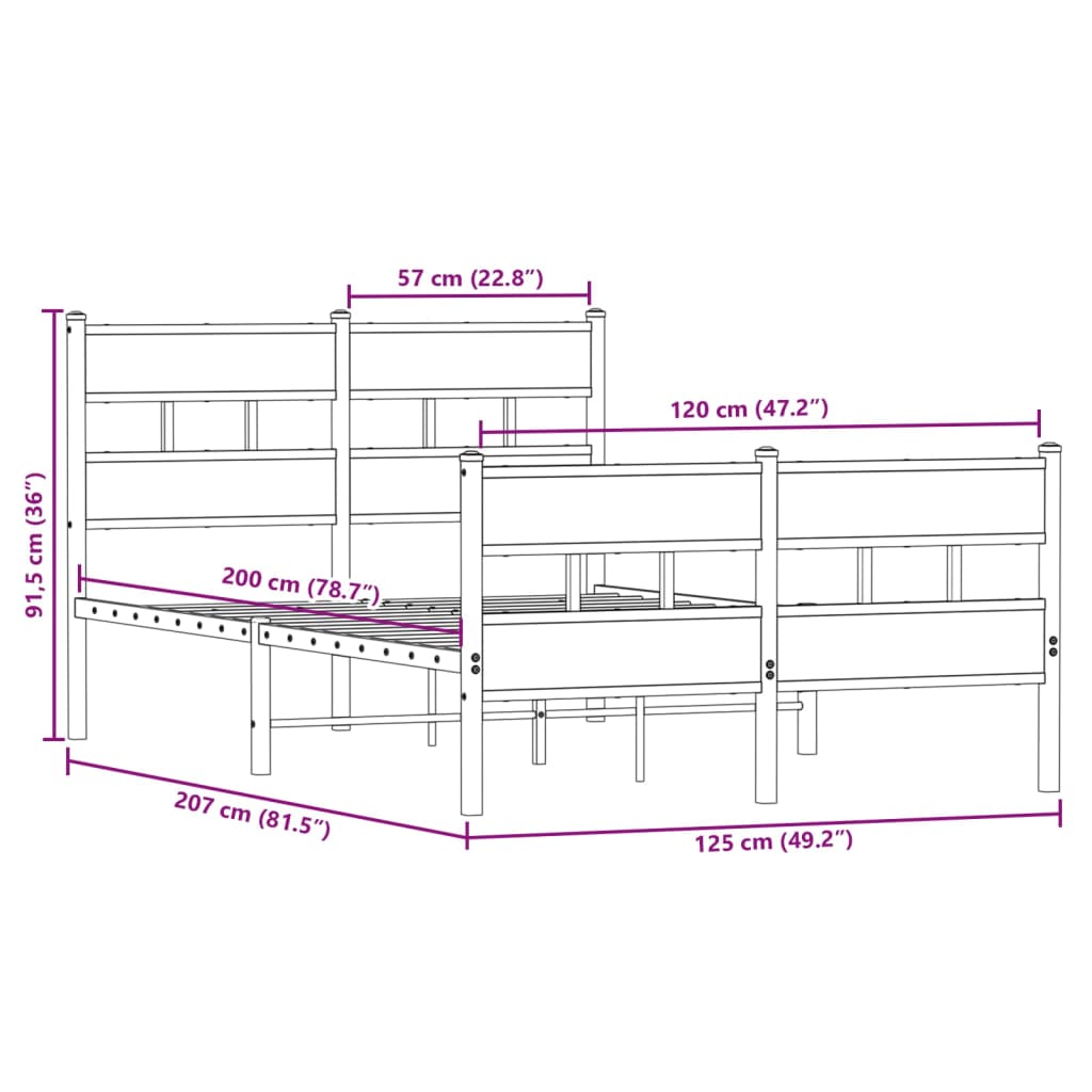 Metal Bed Frame without Mattress Smoked Oak 120x200 cm