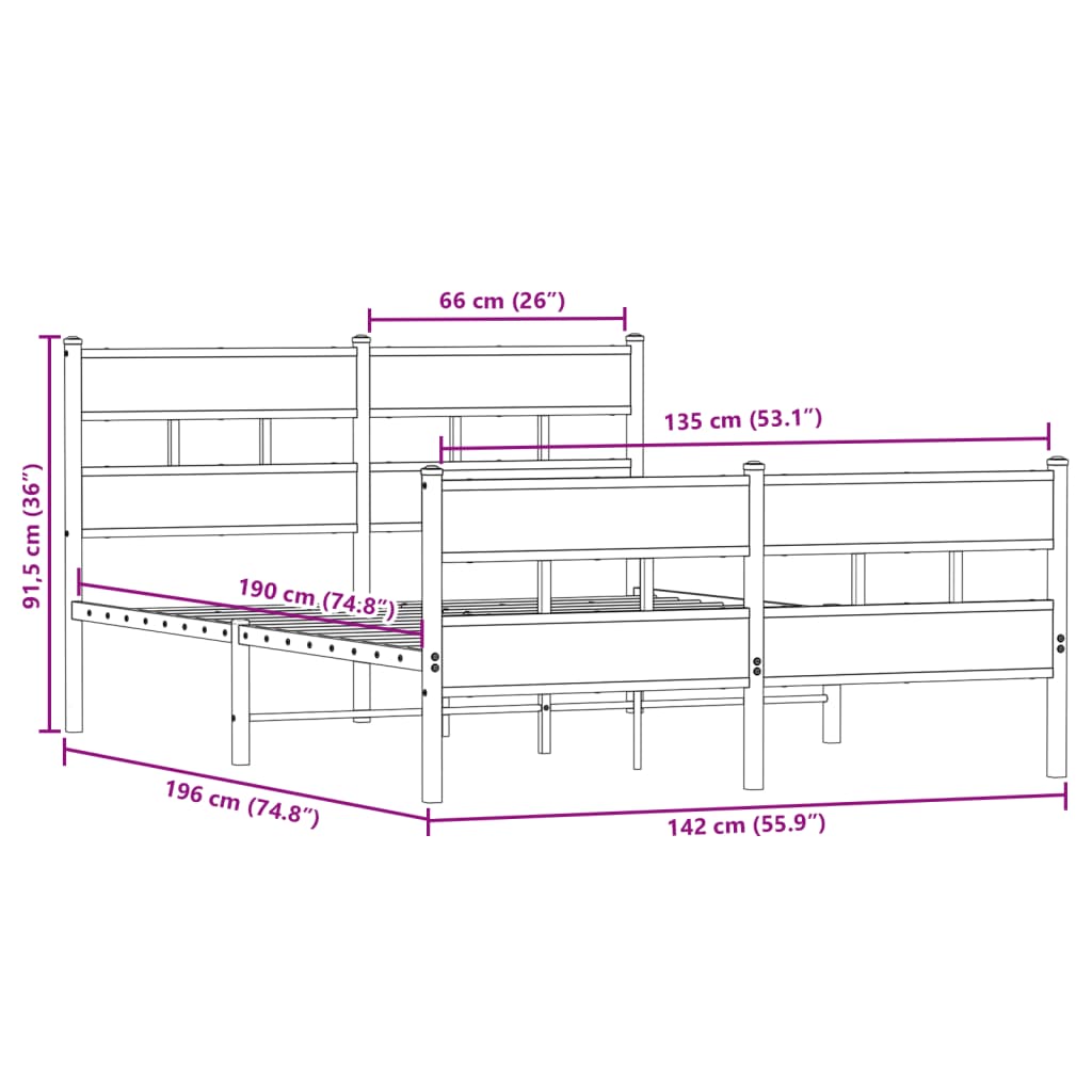 Metal Bed Frame without Mattress Smoked Oak 135x190 cm Double