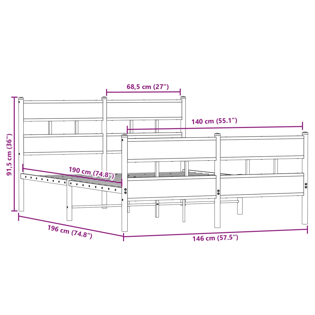 Metal Bed Frame without Mattress Smoked Oak 140x190 cm