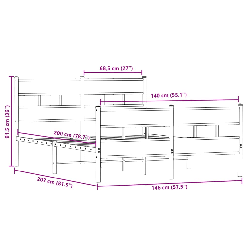 Metal Bed Frame without Mattress Smoked Oak 140x200 cm