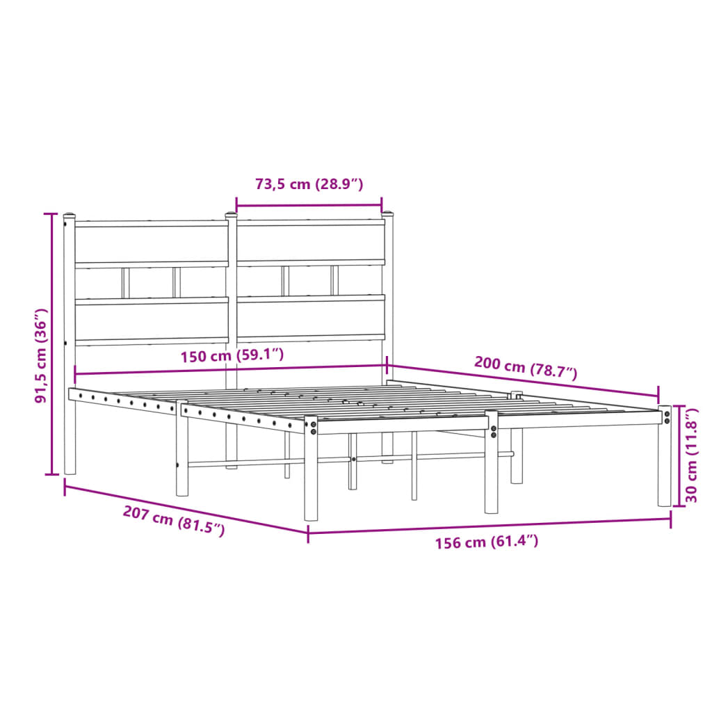 Metal Bed Frame without Mattress Sonoma Oak 150x200 cm King Size