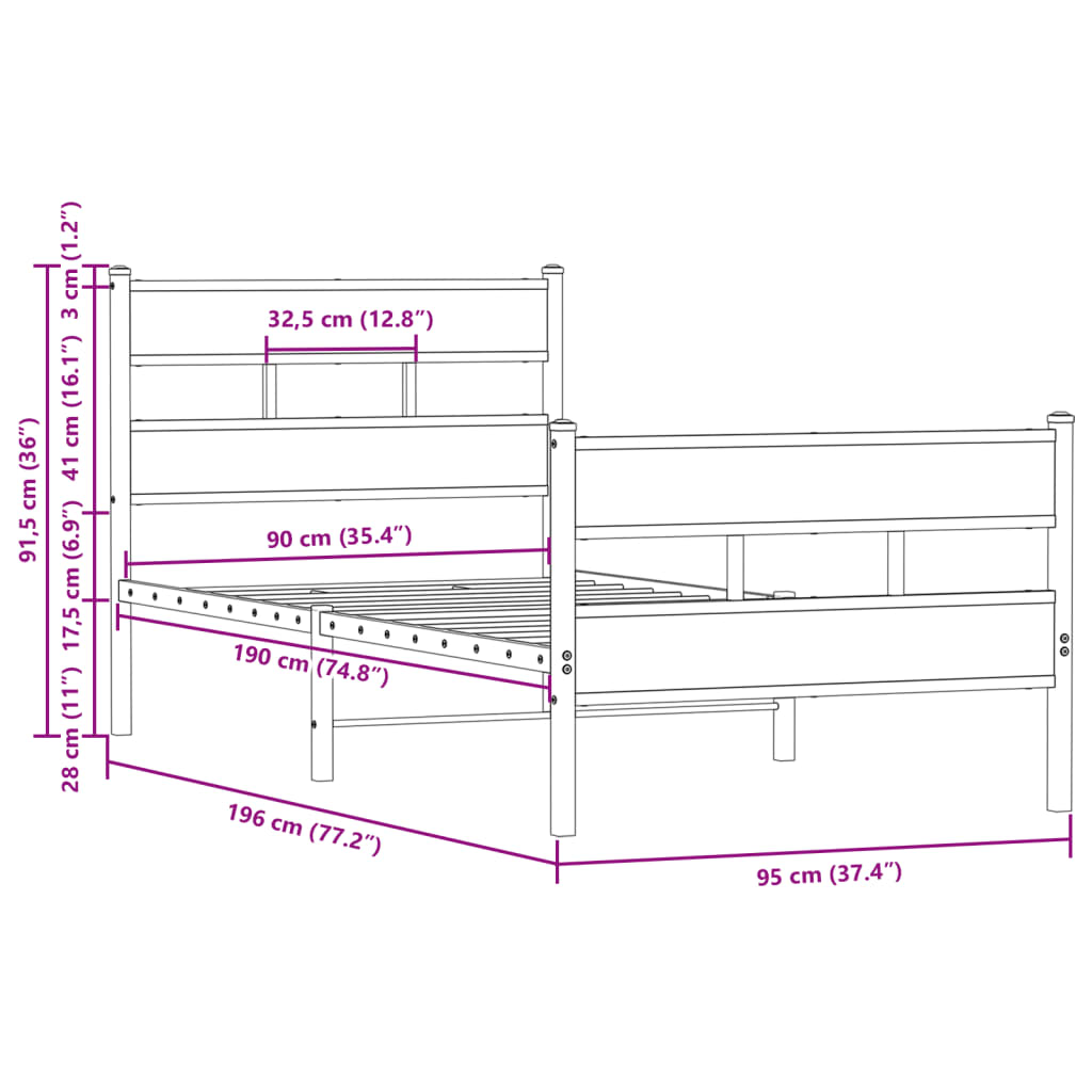 Bed Frame without Mattress with Headboard and Footboard 90x190 cm Single