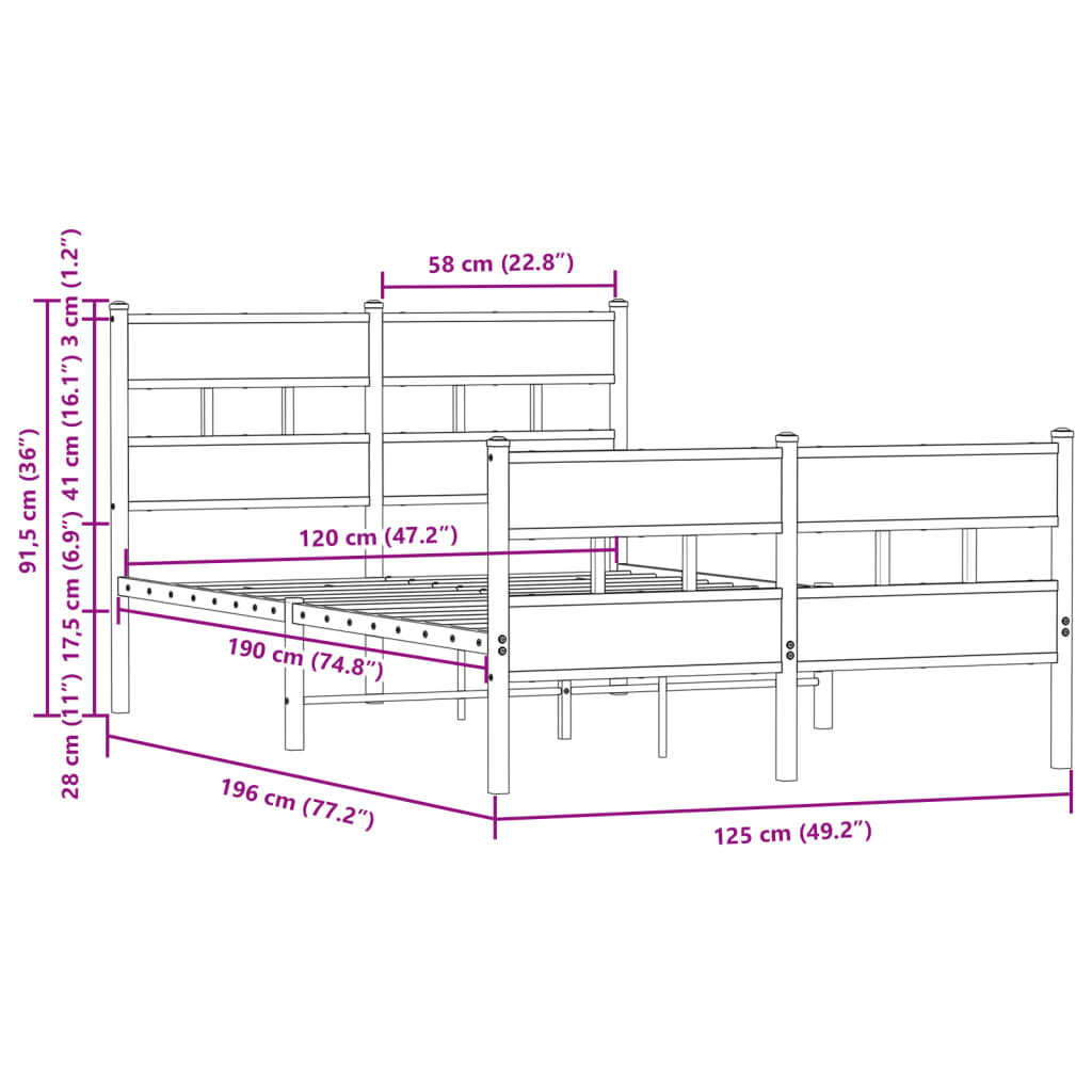 Bed Frame without Mattress with Headboard and Footboard 120x190 cm Small Double