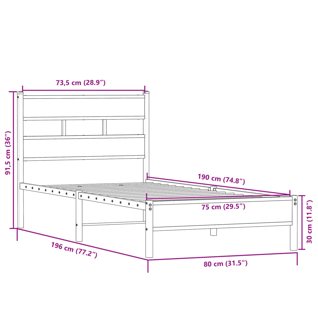 Bed Frame without Mattress Sonoma Oak 75x190 cm Small Single Engineered Wood