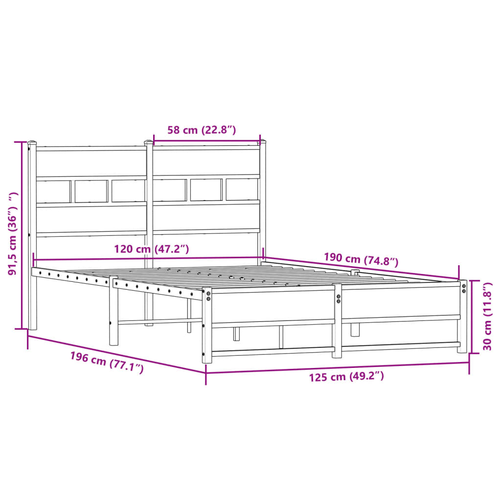 Metal Bed Frame without Mattress Sonoma Oak 120x190 cm Small Double