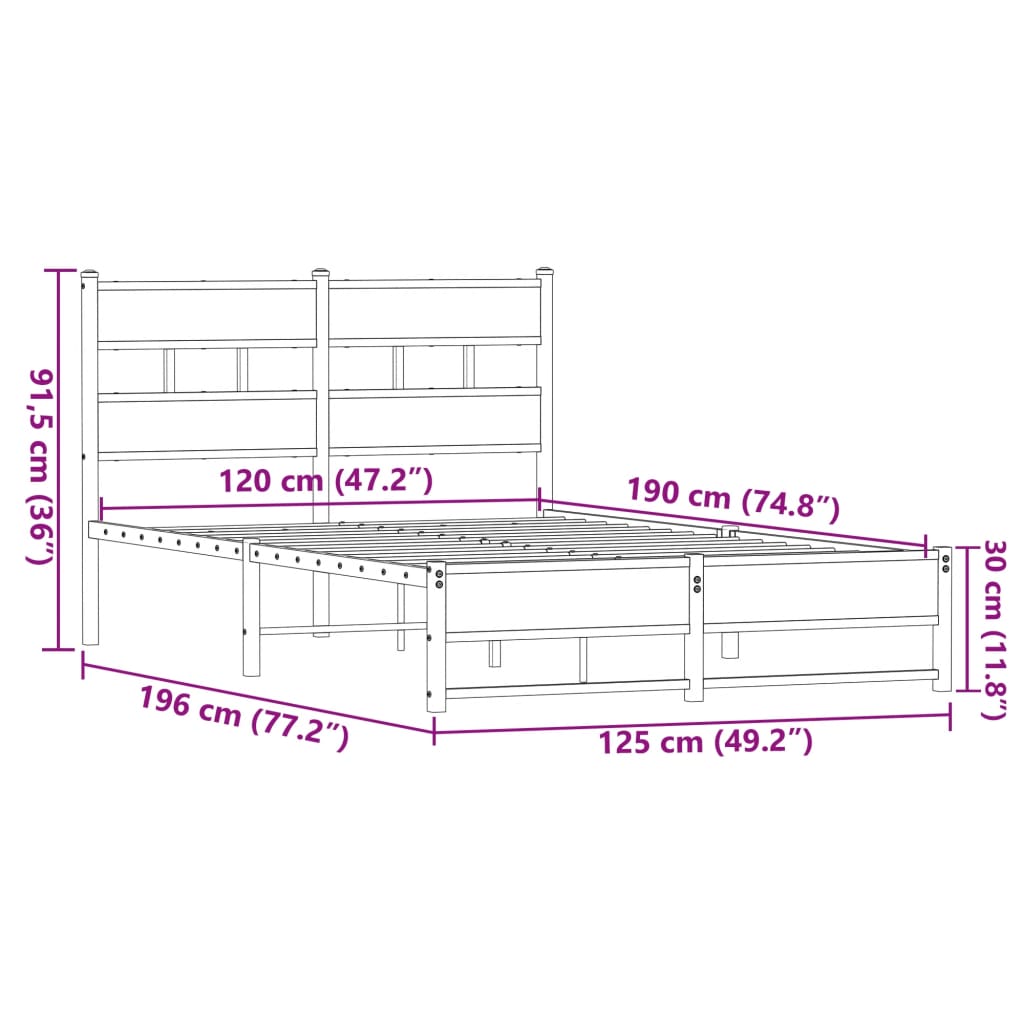 Metal Bed Frame without Mattress Brown Oak 120x190 cm Small Double