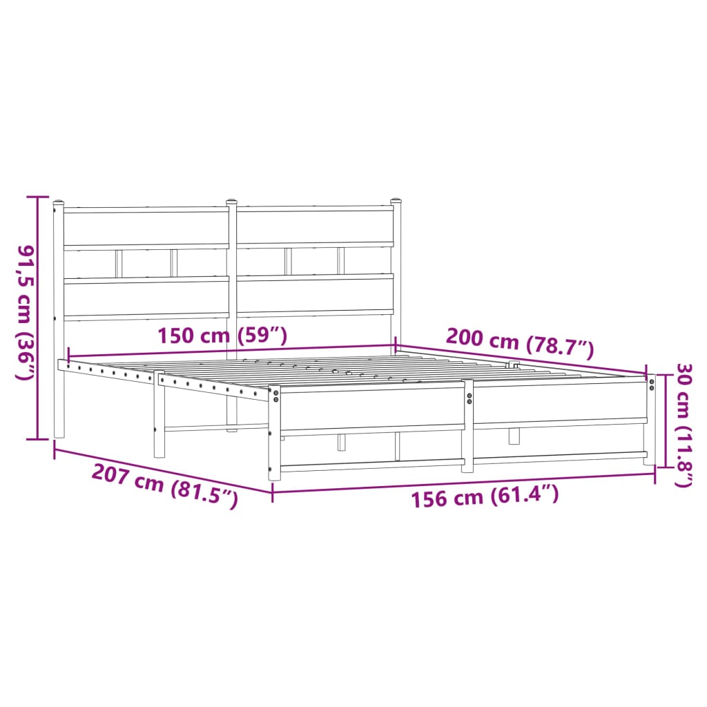 Metal Bed Frame without Mattress Brown Oak 150x200 cm King Size