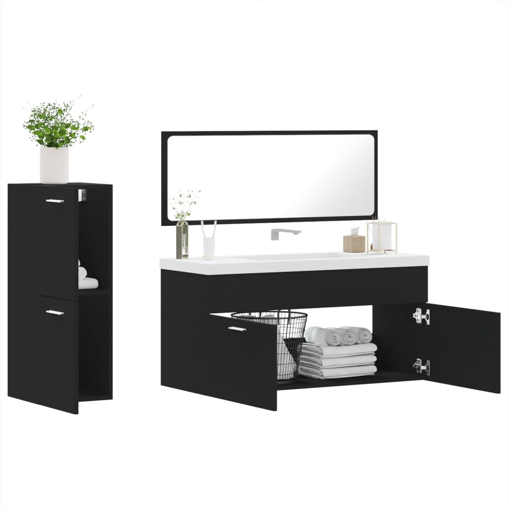 3 Piece Bathroom Furniture Set Black Engineered Wood