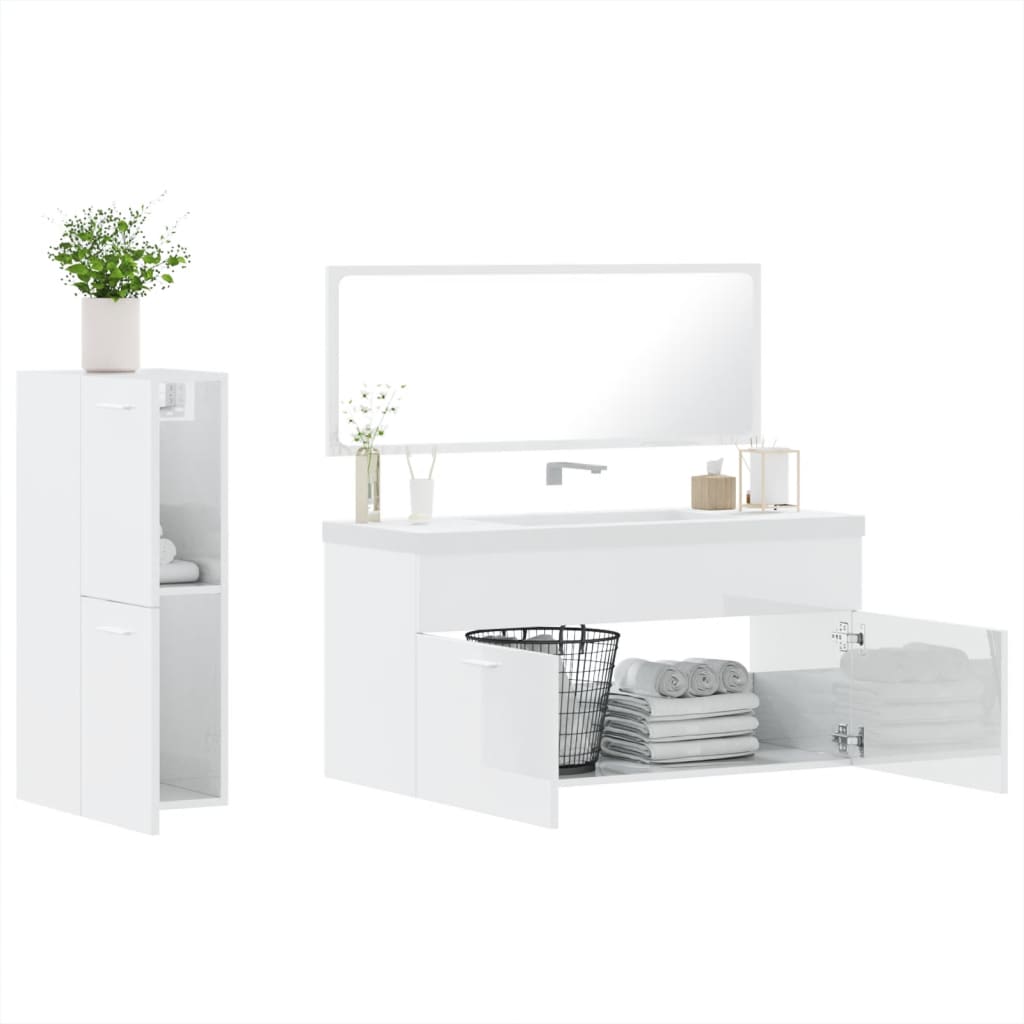 3 Piece Bathroom Furniture Set High Gloss White Engineered Wood