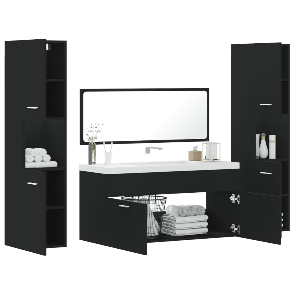 4 Piece Bathroom Furniture Set Black Engineered Wood