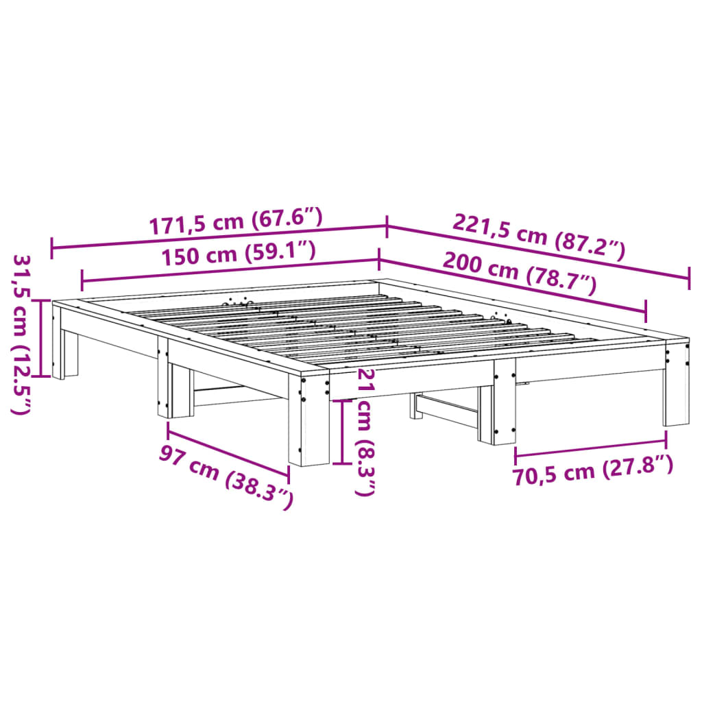 Bed Frame without Mattress 150x200 cm King Size Solid Wood Pine