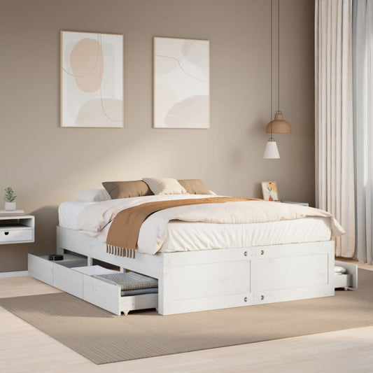 Bed Frame without Mattress with Drawers White 150x200 cm King Size Solid Wood Pine