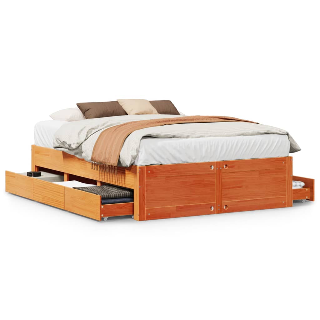 Bed Frame without Mattress with Drawers Wax Brown 150x200 cm King Size Solid Wood Pine