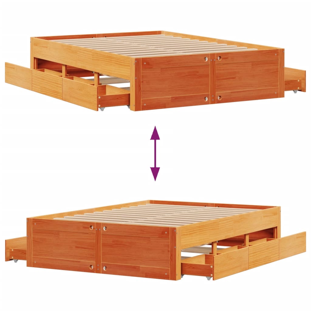 Bed Frame without Mattress with Drawers Wax Brown 150x200 cm King Size Solid Wood Pine