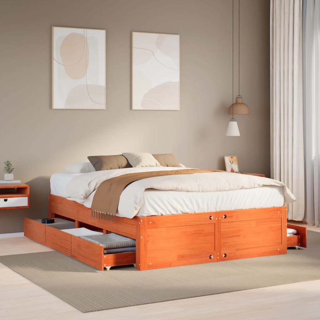 Bed Frame without Mattress with Drawers Wax Brown 150x200 cm King Size Solid Wood Pine