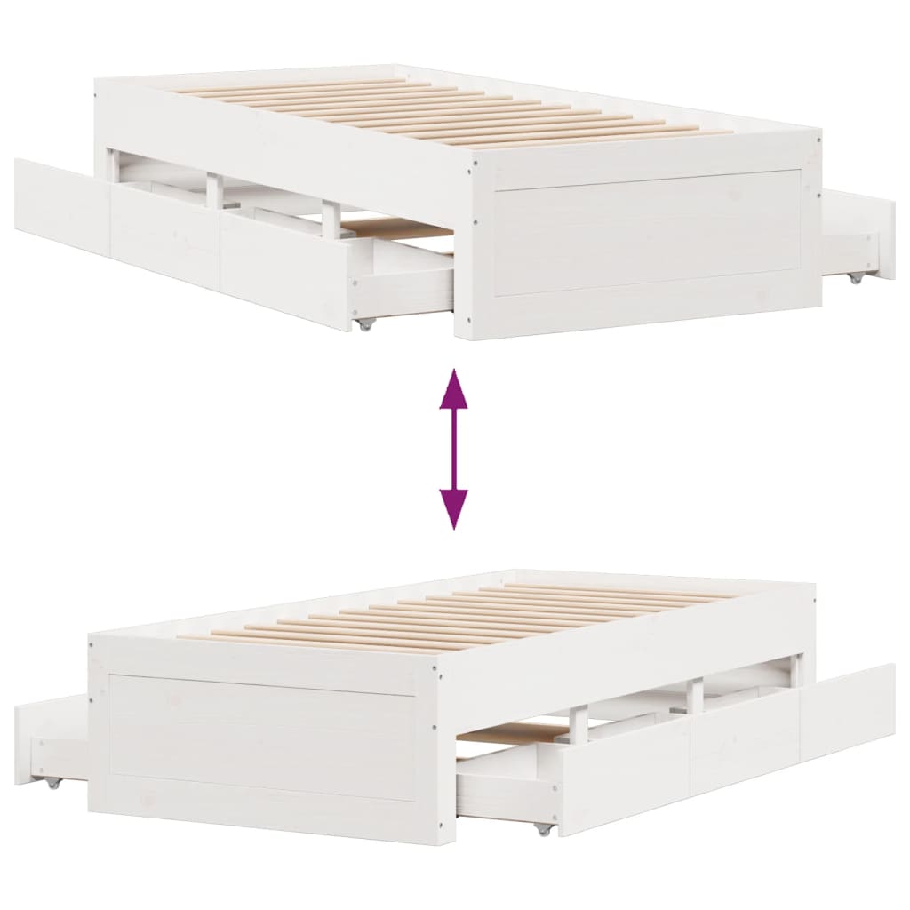 Bed Frame without Mattress with Drawers White 100x200 cm Solid Wood Pine