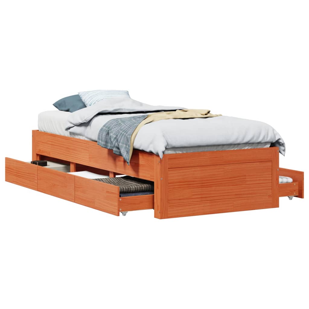 Bed Frame without Mattress with Drawers Wax Brown 100x200 cm Solid Wood Pine