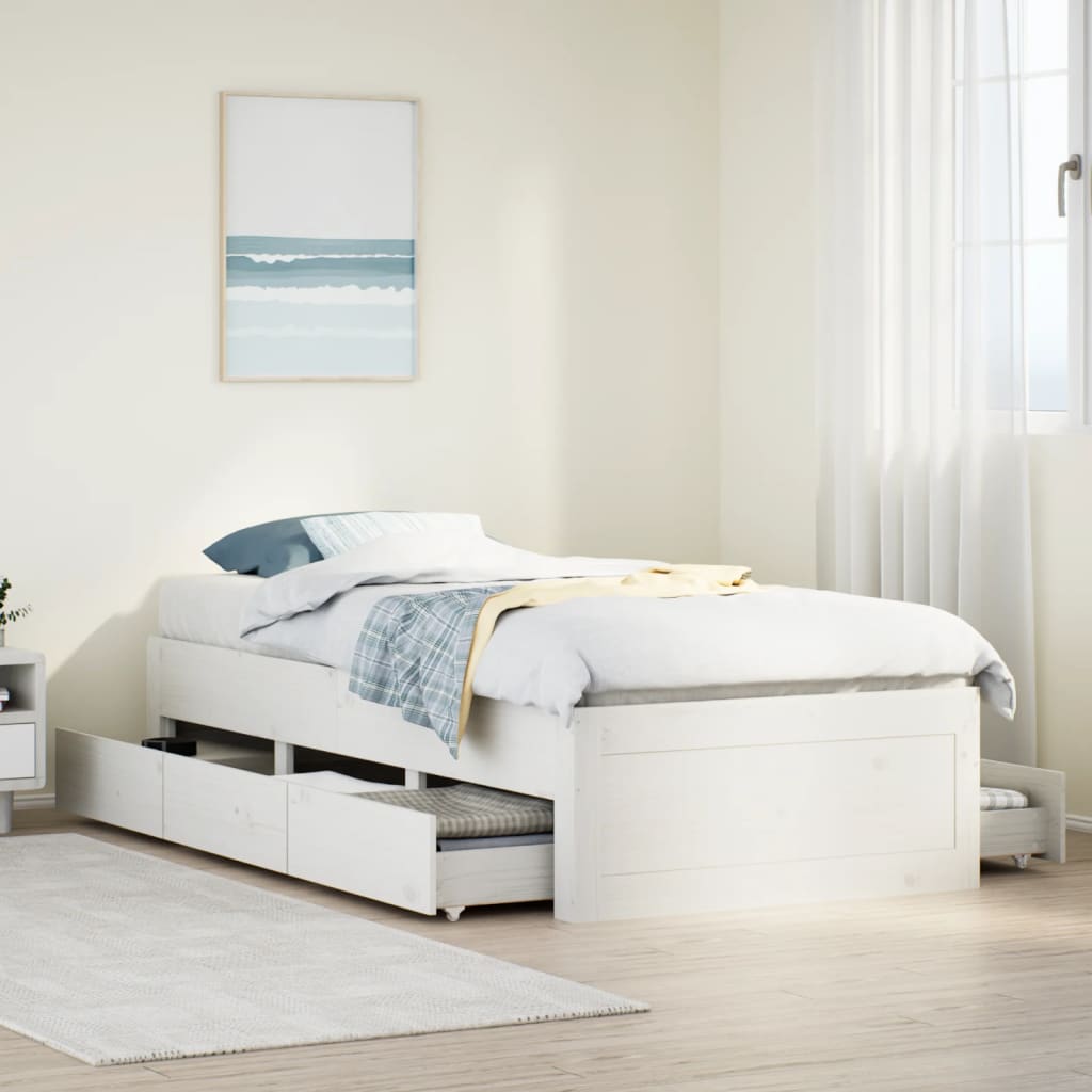 Bed Frame without Mattress with Drawers White 90x200 cm Solid Wood Pine