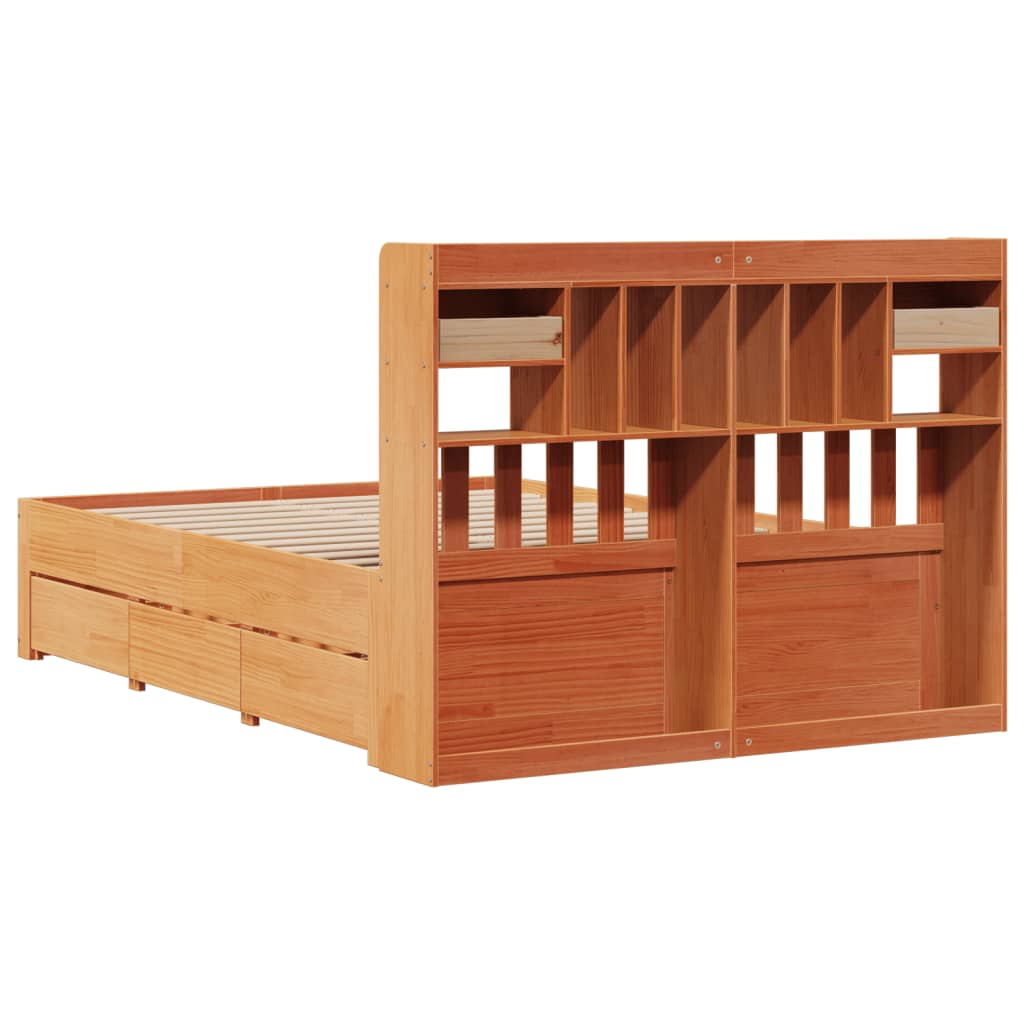 Bookcase Bed without Mattress Wax Brown 150x200 cm King Size Solid Wood Pine