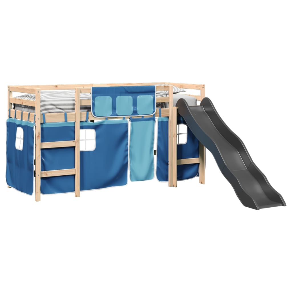 Kids' Loft Bed with Curtains Blue 80x200 cm Solid Wood Pine