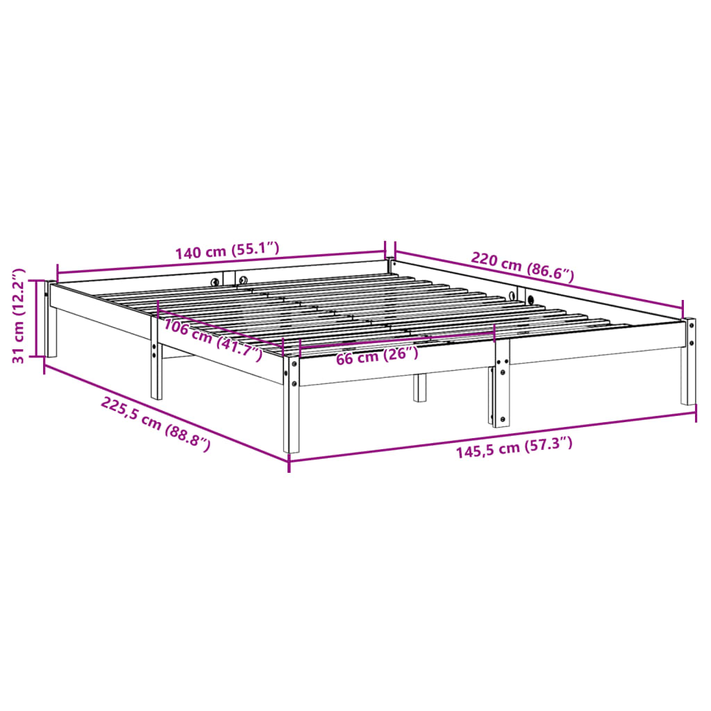 Extra Long Bed Frame without Mattress 140x220 cm Solid Wood Pine