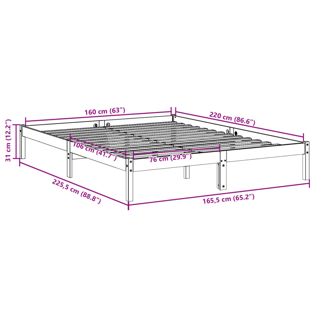 Extra Long Bed Frame without Mattress 160x220 cm Solid Wood Pine