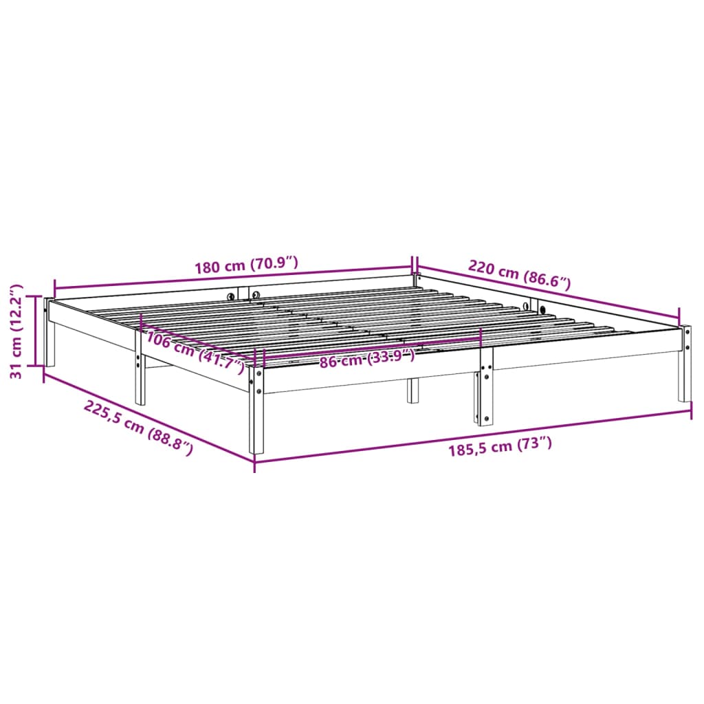 Extra Long Bed Frame without Mattress 180x220 cm Solid Wood Pine