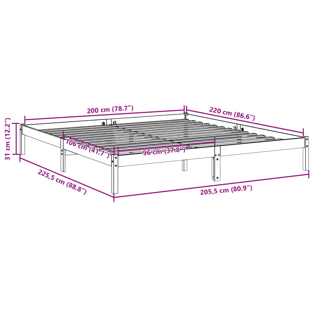 Extra Long Bed Frame without Mattress 200x220 cm Solid Wood Pine