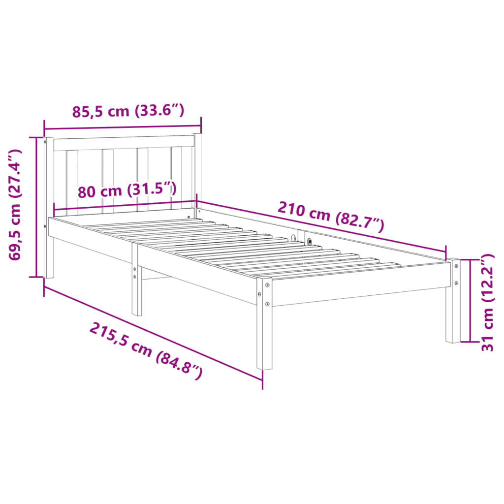 Extra Long Bed Frame without Mattress 80x210 cm Solid Wood Pine