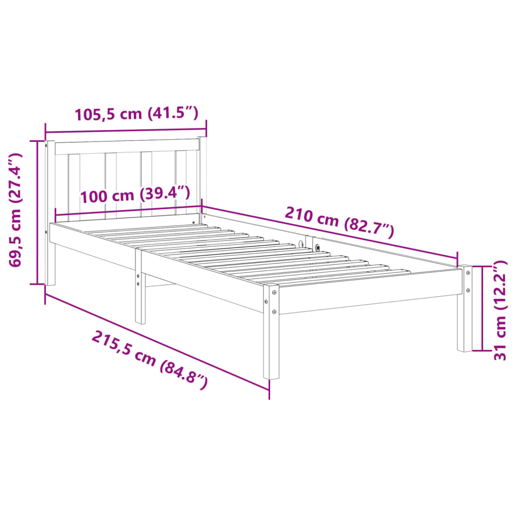 Extra Long Bed Frame without Mattress 100x210 cm Solid Wood Pine