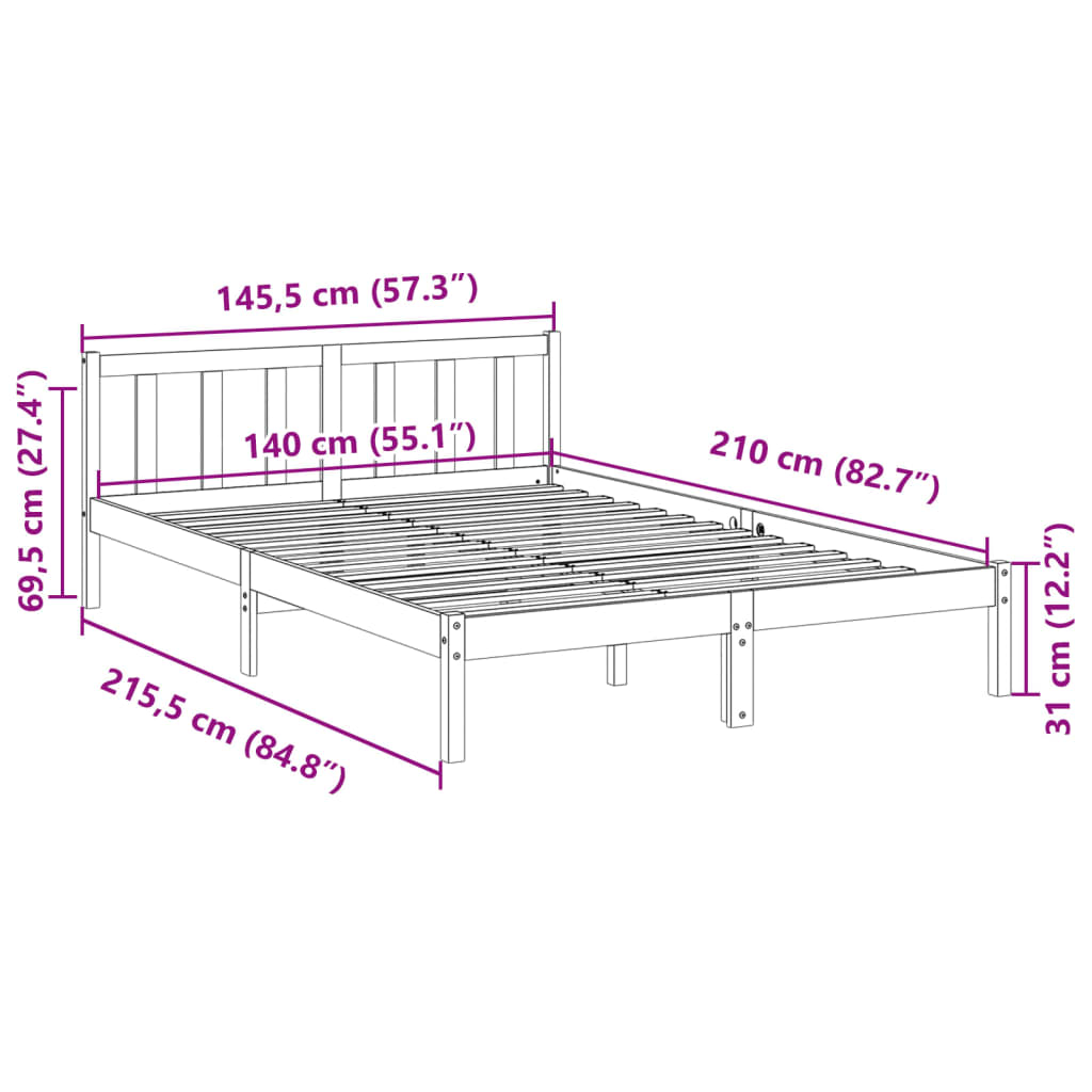 Extra Long Bed Frame without Mattress 140x210 cm Solid Wood Pine