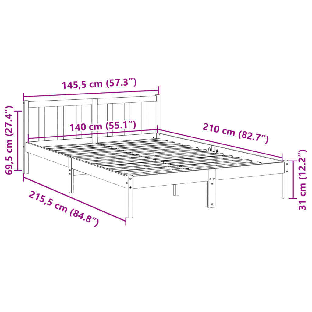 Extra Long Bed Frame without Mattress White 140x210 cm Solid Wood Pine