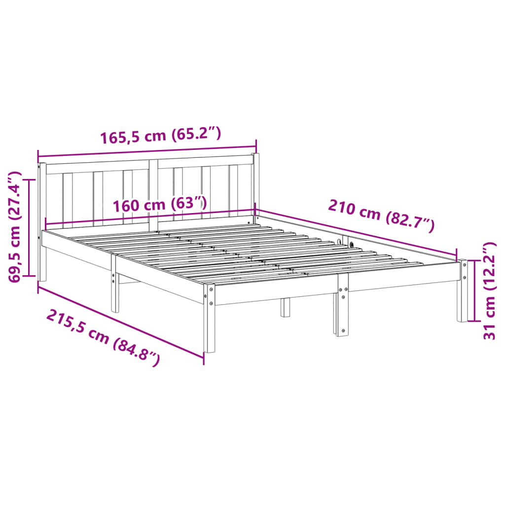 Extra Long Bed Frame without Mattress 160x210 cm Solid Wood Pine